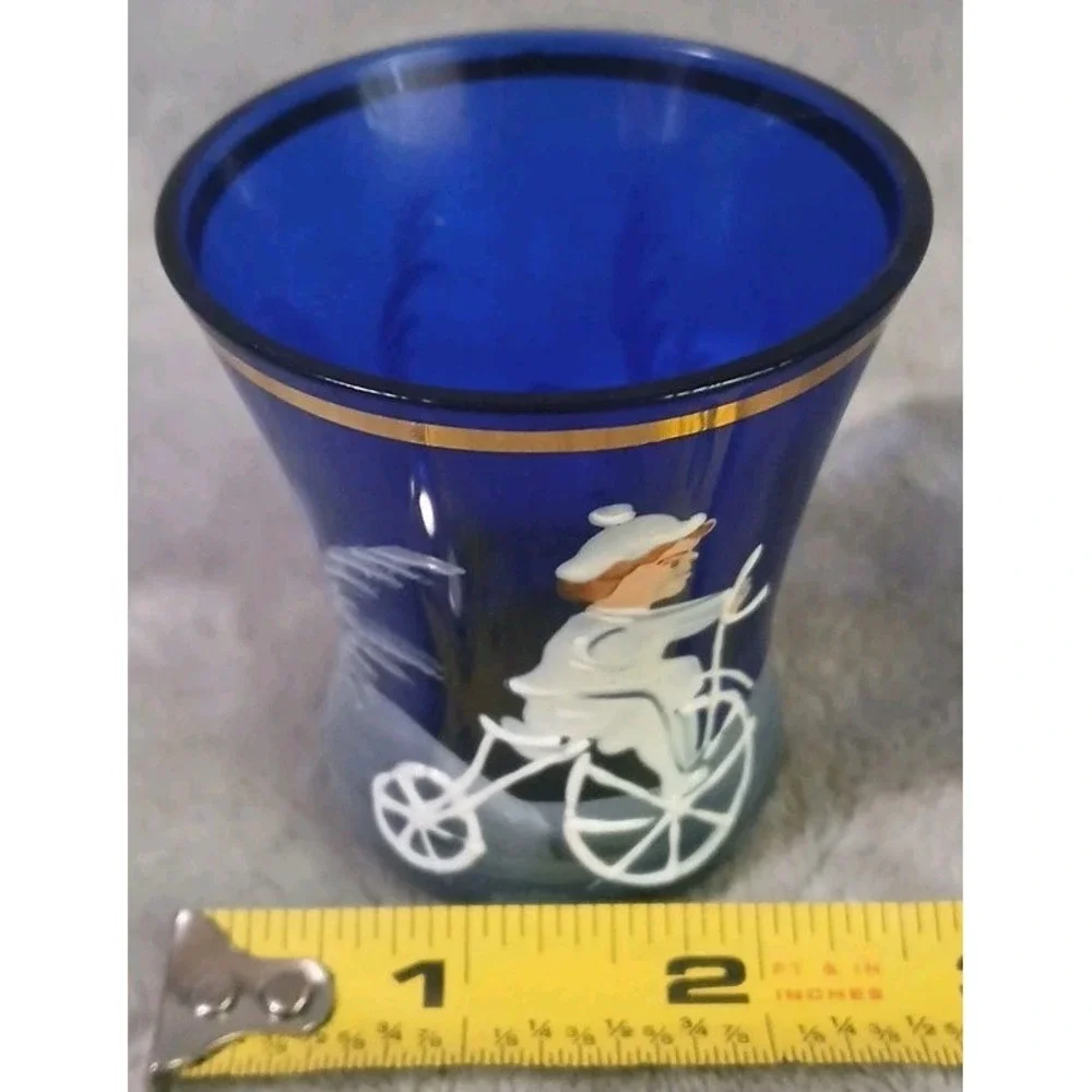 Vtg Mary Gregory Toothpick Holder Cobalt Blue Glass Child Bicycle Hand Painted‎